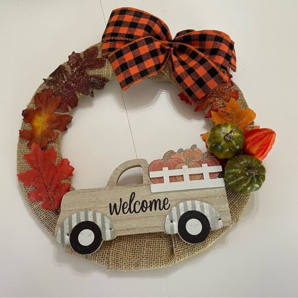 Handmade Burlap Fall Wreath Pumpkin Truck Welcome Farmhouse